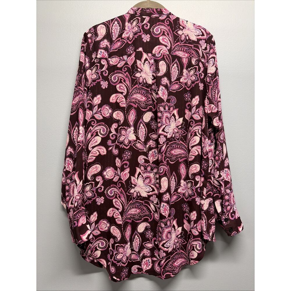 Bellle Kim Gravel-Burgundy Pink Paisley Semi-Sheer Lined Long Sleeve Top-1X - Picture 3 of 5